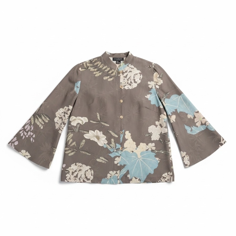 Citron Santa Monica Silk Blouse M Grey Floral Bird Bell Sleeve Chinoiserie Boho